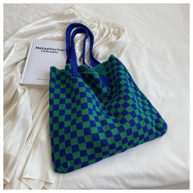 Vintage knitted checkered pattern large storage tote bag