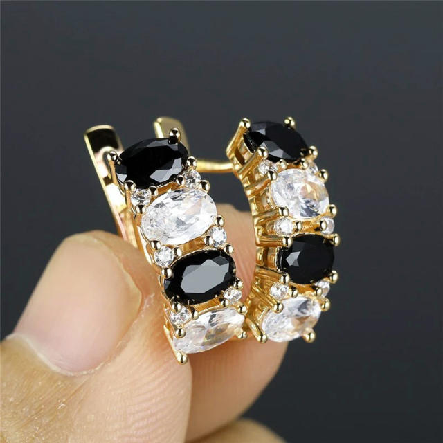 Elegant black white color cubic zircon copper huggie earrings