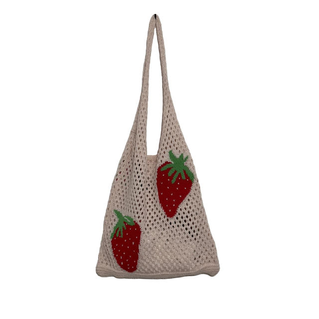 Hot sale cute strawberry knitted corchet women tote bag holiday bag