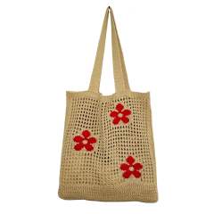 Y2K red color flower knitted corchet tote bag beach bag