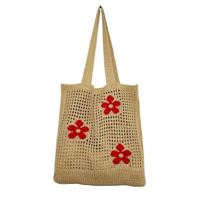 Y2K red color flower knitted corchet tote bag beach bag