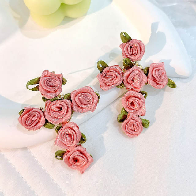Baroque fabric rose flower cross design earrings