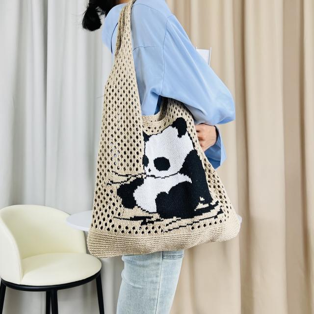 Korean fashion cute panda knitted corchet tote bag beach bag