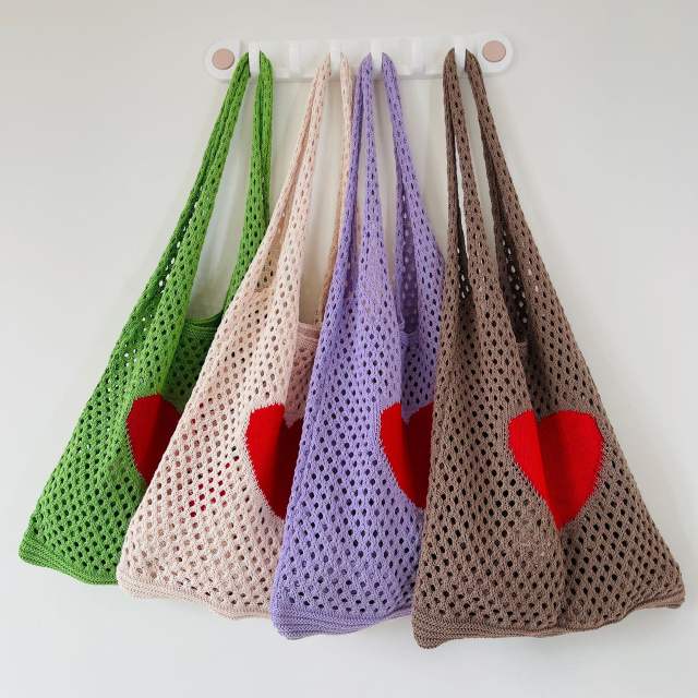 Korean fashion red heart corchet knitted tote bag holiday bag