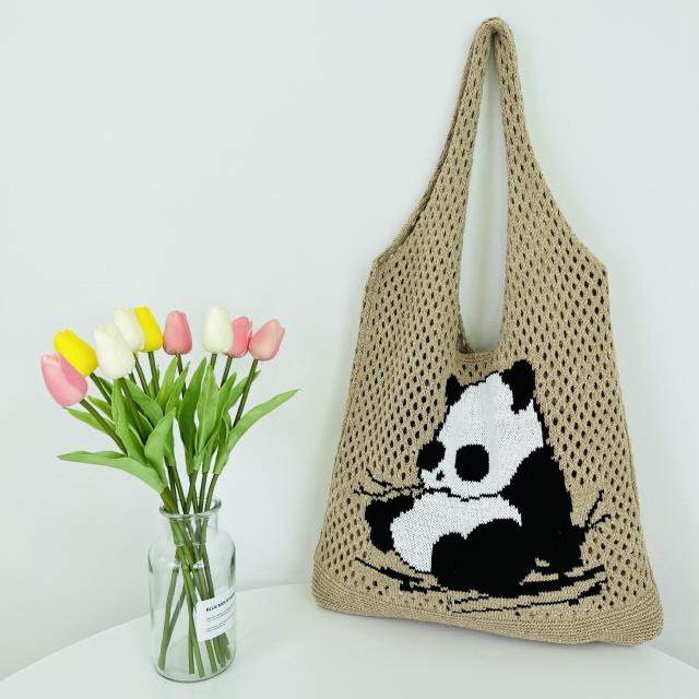 Korean fashion cute panda knitted corchet tote bag beach bag