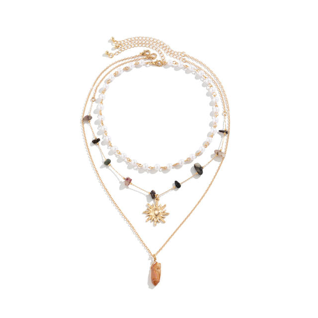 Boho holiday trend sun crystal stone pendant three layer necklace