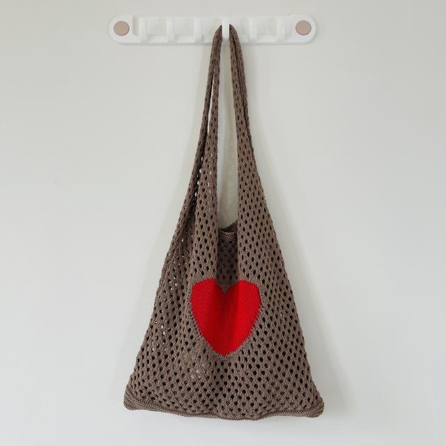 Korean fashion red heart corchet knitted tote bag holiday bag