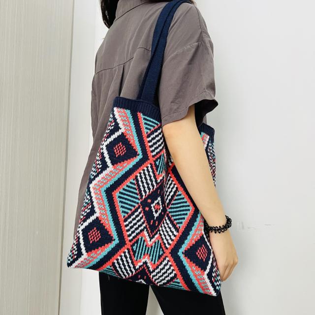 Vintage boho pattern knitted tote bag