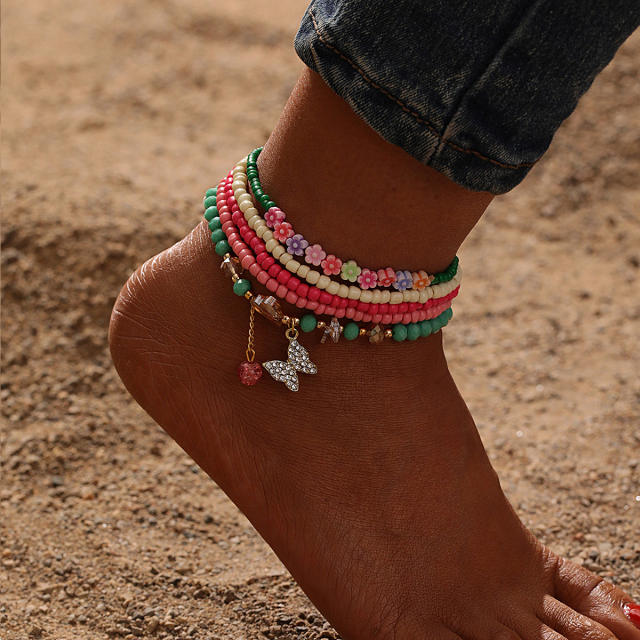 Boho colorful seed bead layer butterfly anklet beach anklet