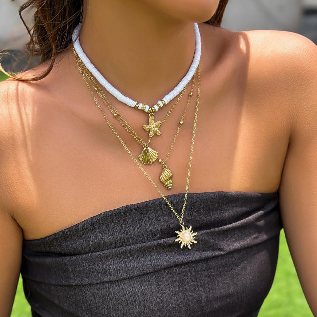 Boho beach trend shell starfish sun pendant layer clay bead necklace
