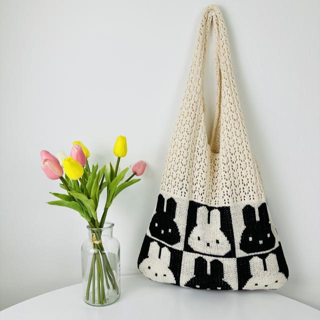 Korean fashion cute rabbit knitted corchet tote bag beach bag