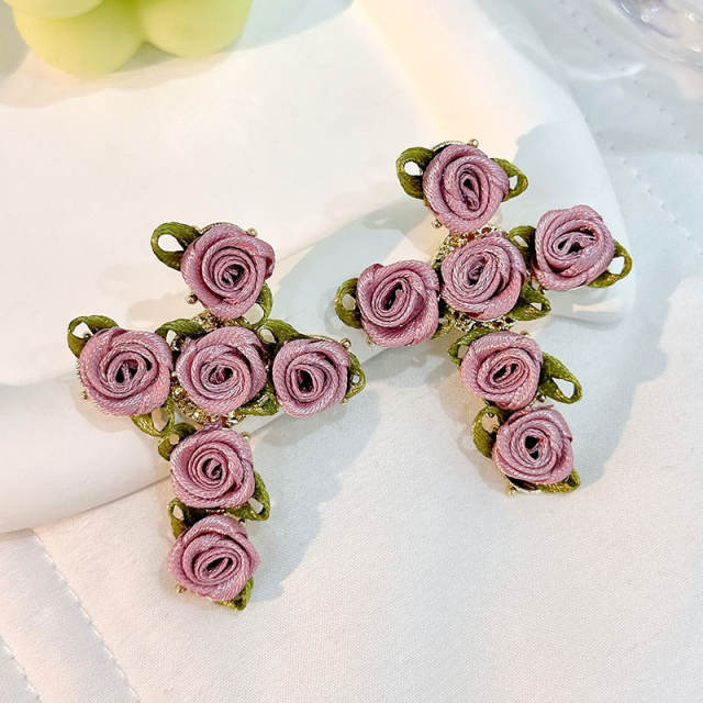 Baroque fabric rose flower cross design earrings