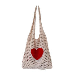 Korean fashion red heart corchet knitted tote bag holiday bag