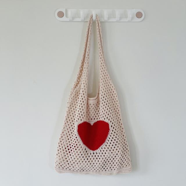 Korean fashion red heart corchet knitted tote bag holiday bag