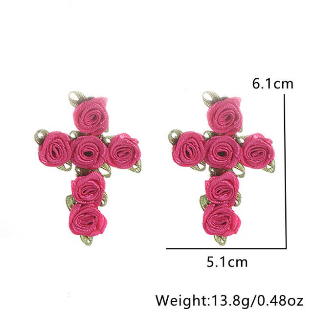 Baroque fabric rose flower cross design earrings