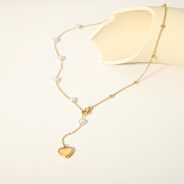 Concise heart pearl bead dainty stainless steel necklace lariats necklace