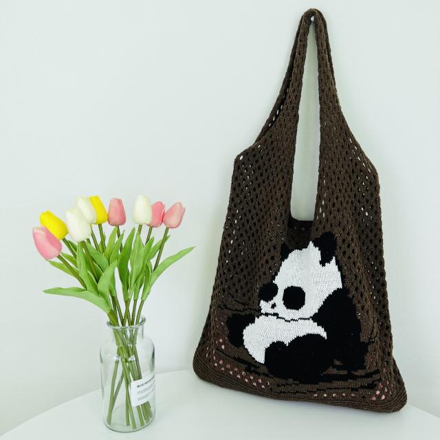 Korean fashion cute panda knitted corchet tote bag beach bag