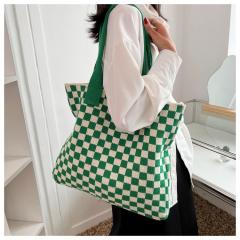 Vintage knitted checkered pattern large storage tote bag