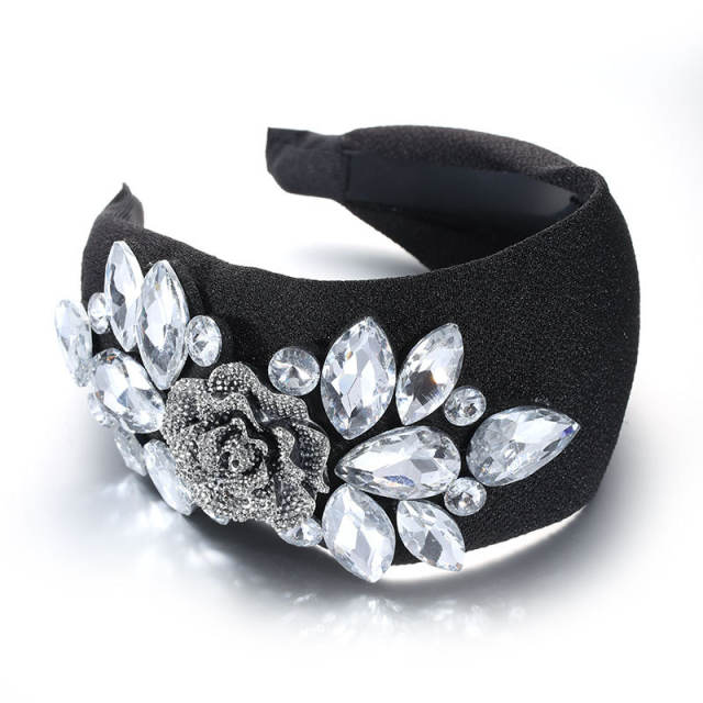 Vintage rose flower glass crystal statement black wide headband