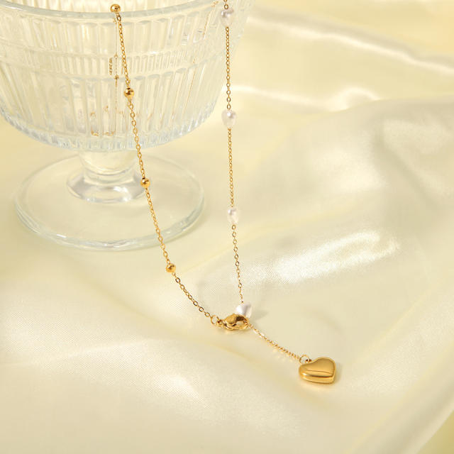 Concise heart pearl bead dainty stainless steel necklace lariats necklace