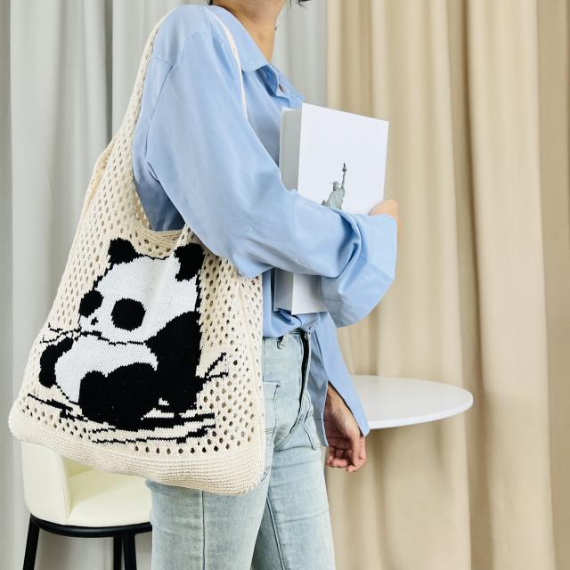 Korean fashion cute panda knitted corchet tote bag beach bag