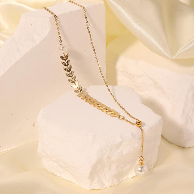 Korean fashion leaf design single pearl stainless steel necklace lariats necklace