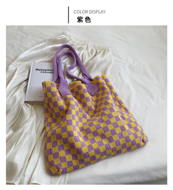 Vintage knitted checkered pattern large storage tote bag