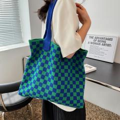 Vintage knitted checkered pattern large storage tote bag