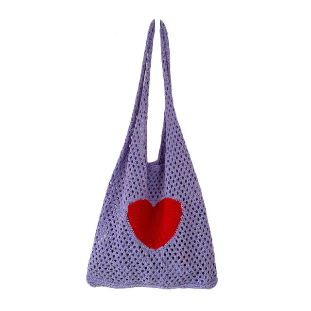 Korean fashion red heart corchet knitted tote bag holiday bag