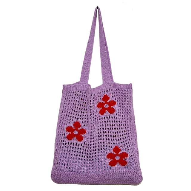 Y2K red color flower knitted corchet tote bag beach bag