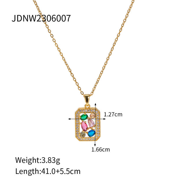 18k Delicate rainbow cz square copper pendant stainless steel chain necklace