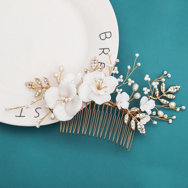 Handmade luxury ceramics flower pearl hair combs