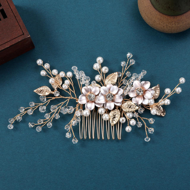 Creative three flower pearl crystal bead hair combs