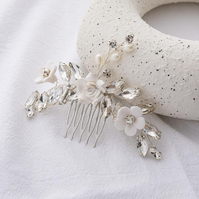 Handmade clay flower crystal wedding hair combs
