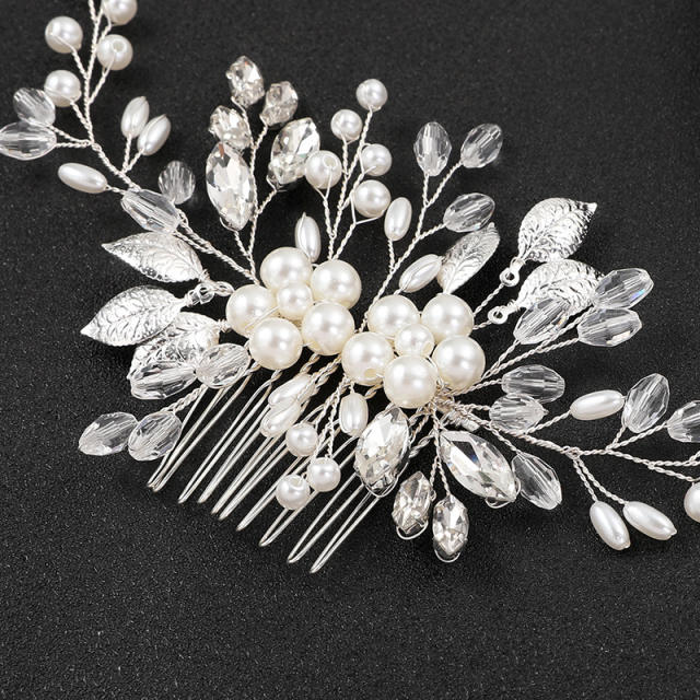 Delicate handmade pearl bead rhinestone wedding hair combs