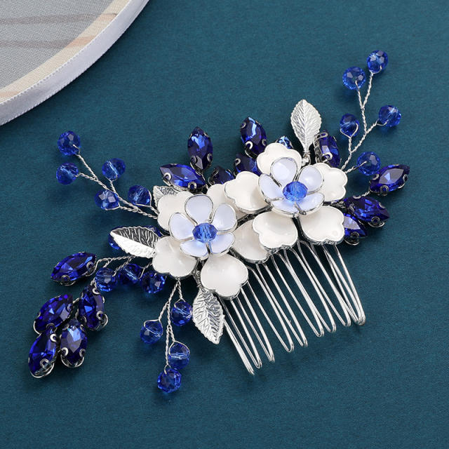 Personality sapphire blue crystal bead flower hair combs