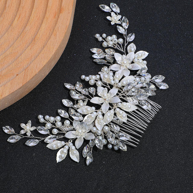 Korean fashion pearl bead silver leaf design wedding hair combs