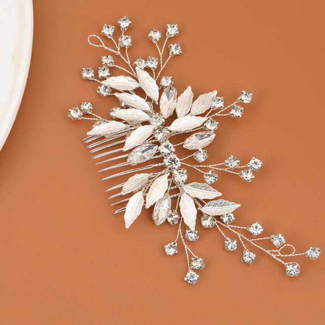 Handmade silver color rhinestone leaf design wedding hair combs