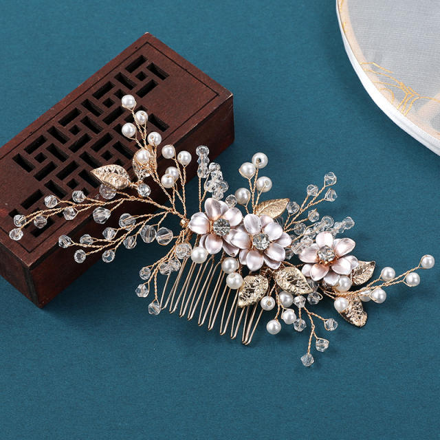 Creative three flower pearl crystal bead hair combs