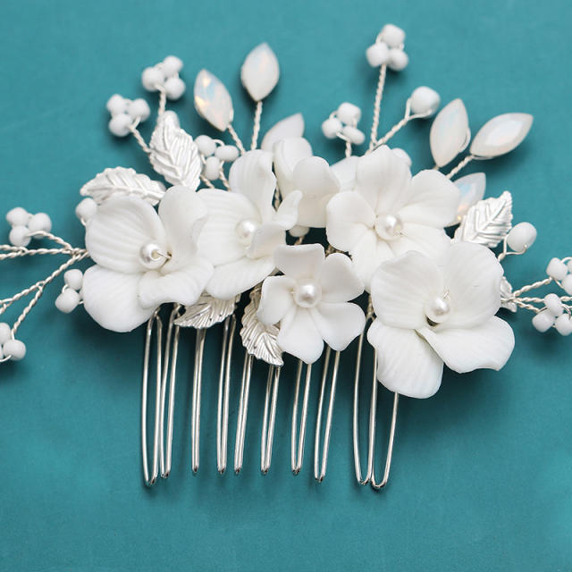 Handmade natural ceramics flower pearl hair combs