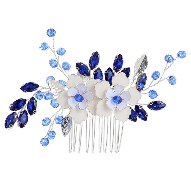 Personality sapphire blue crystal bead flower hair combs