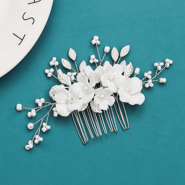 Handmade natural ceramics flower pearl hair combs