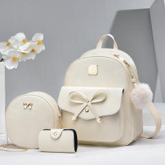Korean fashion sweet bow fluffy ball PU leather backpack set