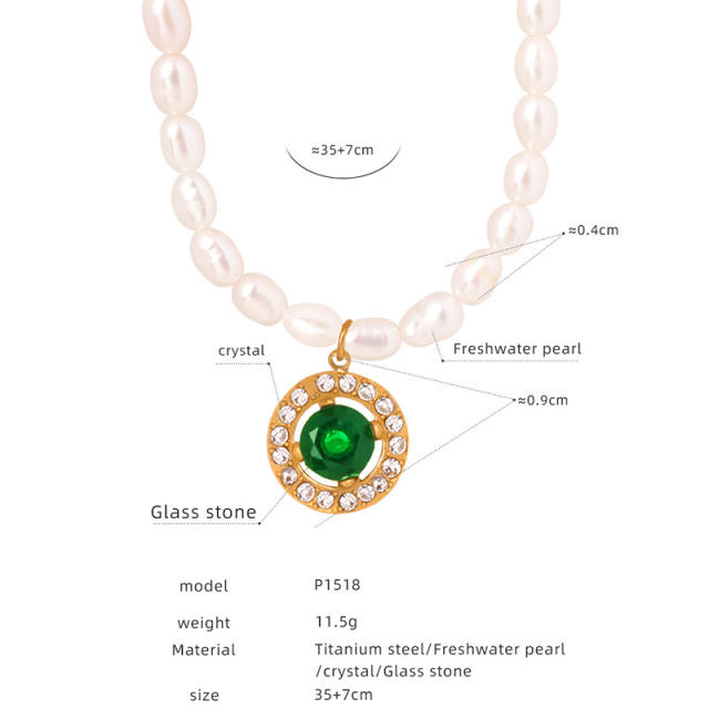Elegant french water pearl emerald statement stainless steel necklace earrings