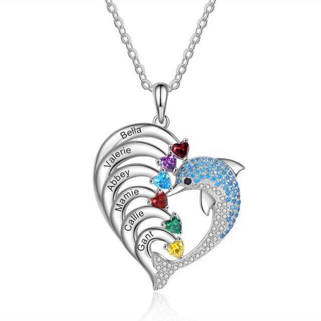 Creative diamond dolphin heart pendant engrave letter birthstone necklace