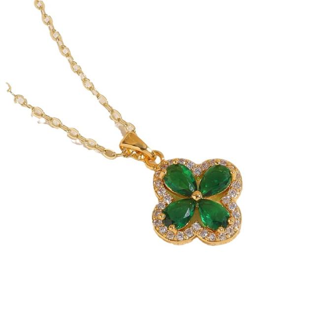 14K real gold plated emerald ruby cubic zircon clover pendant copper necklace