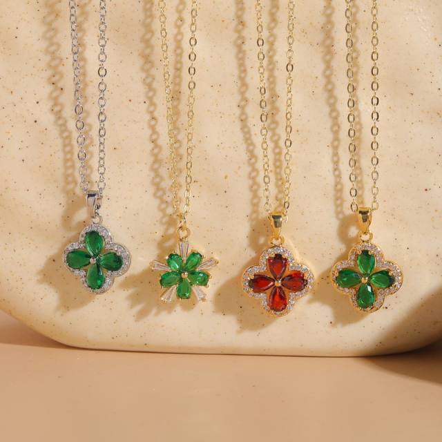 14K real gold plated emerald ruby cubic zircon clover pendant copper necklace