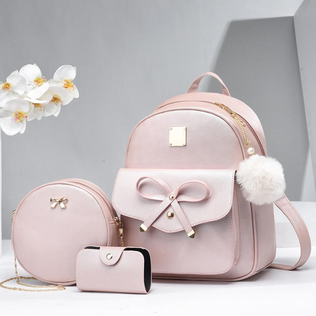 Korean fashion sweet bow fluffy ball PU leather backpack set