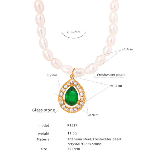 Elegant french water pearl emerald statement stainless steel necklace earrings