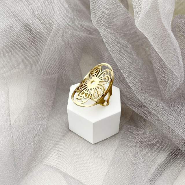 Vintage hollow out flower chunky stainless steel rings